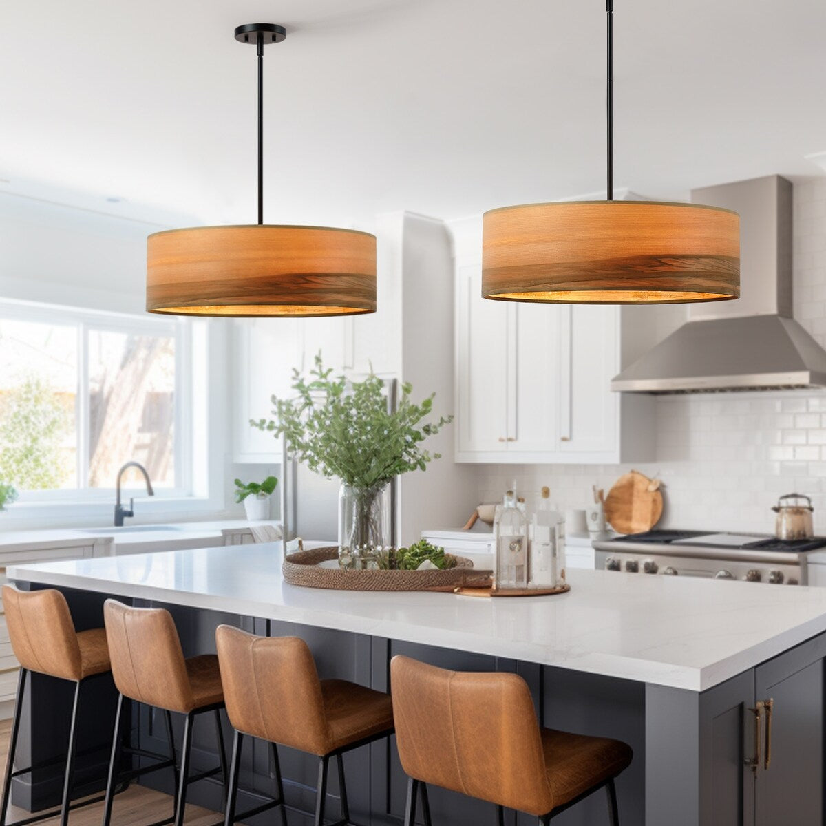 Breaux Lustre à tambour en placage de bois avec 4 lumières et auvent noir - 56 cm (22 po) de largeur