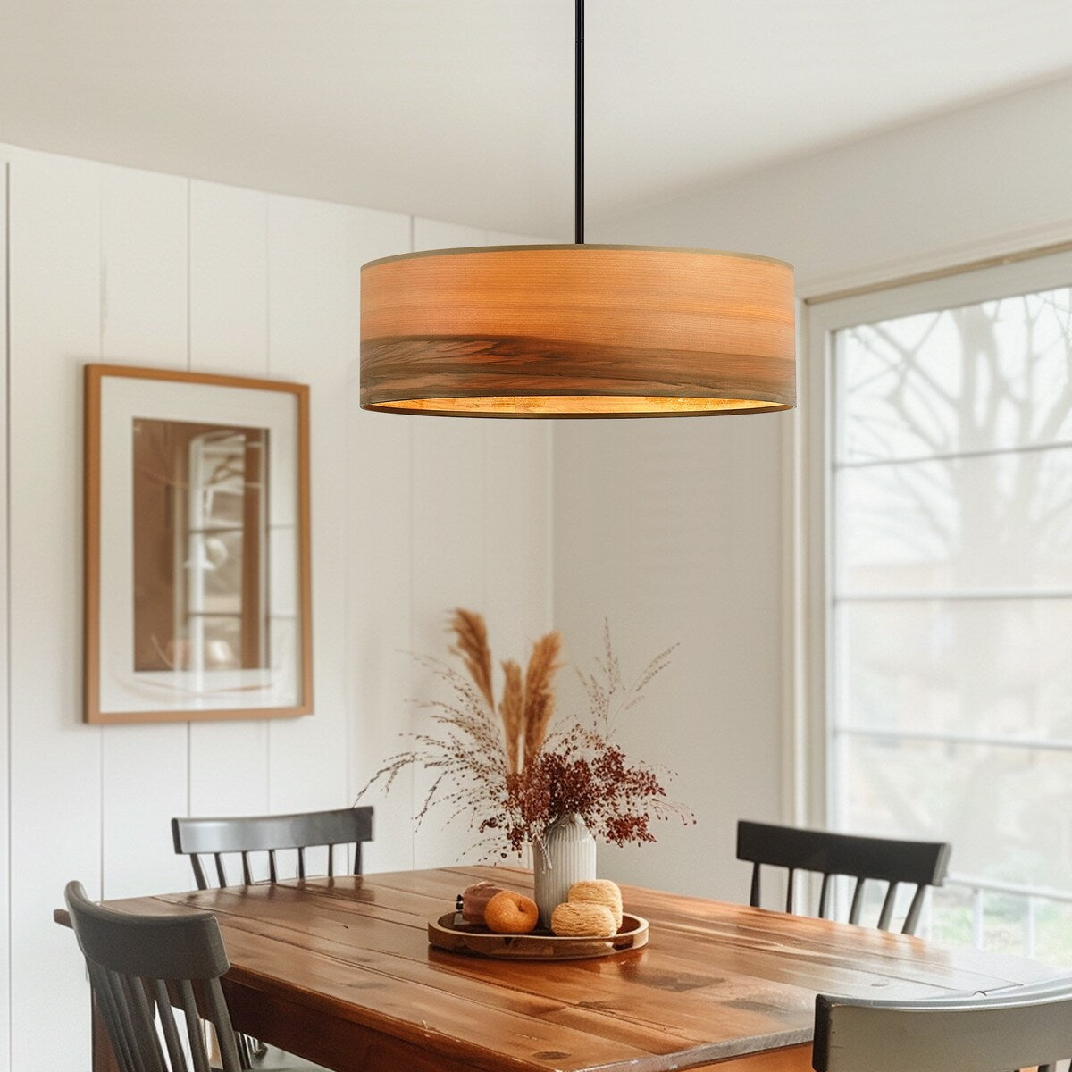 Breaux Lustre à tambour en placage de bois avec 4 lumières et auvent noir - 56 cm (22 po) de largeur