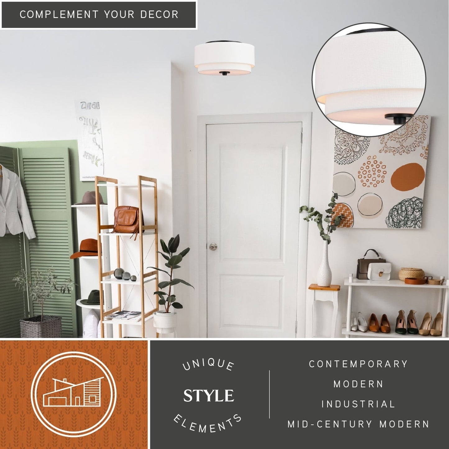 Luminaire à suspension à montage au plafond de style moderne du milieu du siècle de Burnaby avec abat-jour blanc en lin.