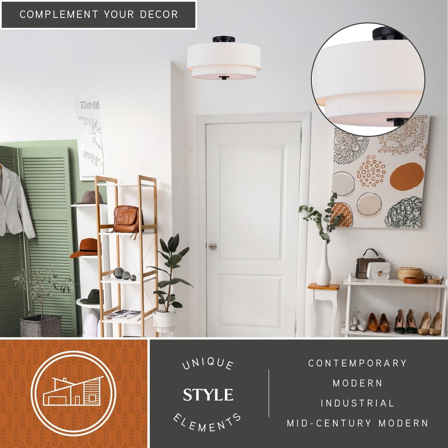 Luminaire à suspension à montage au plafond de style moderne du milieu du siècle de Burnaby avec abat-jour blanc en lin.