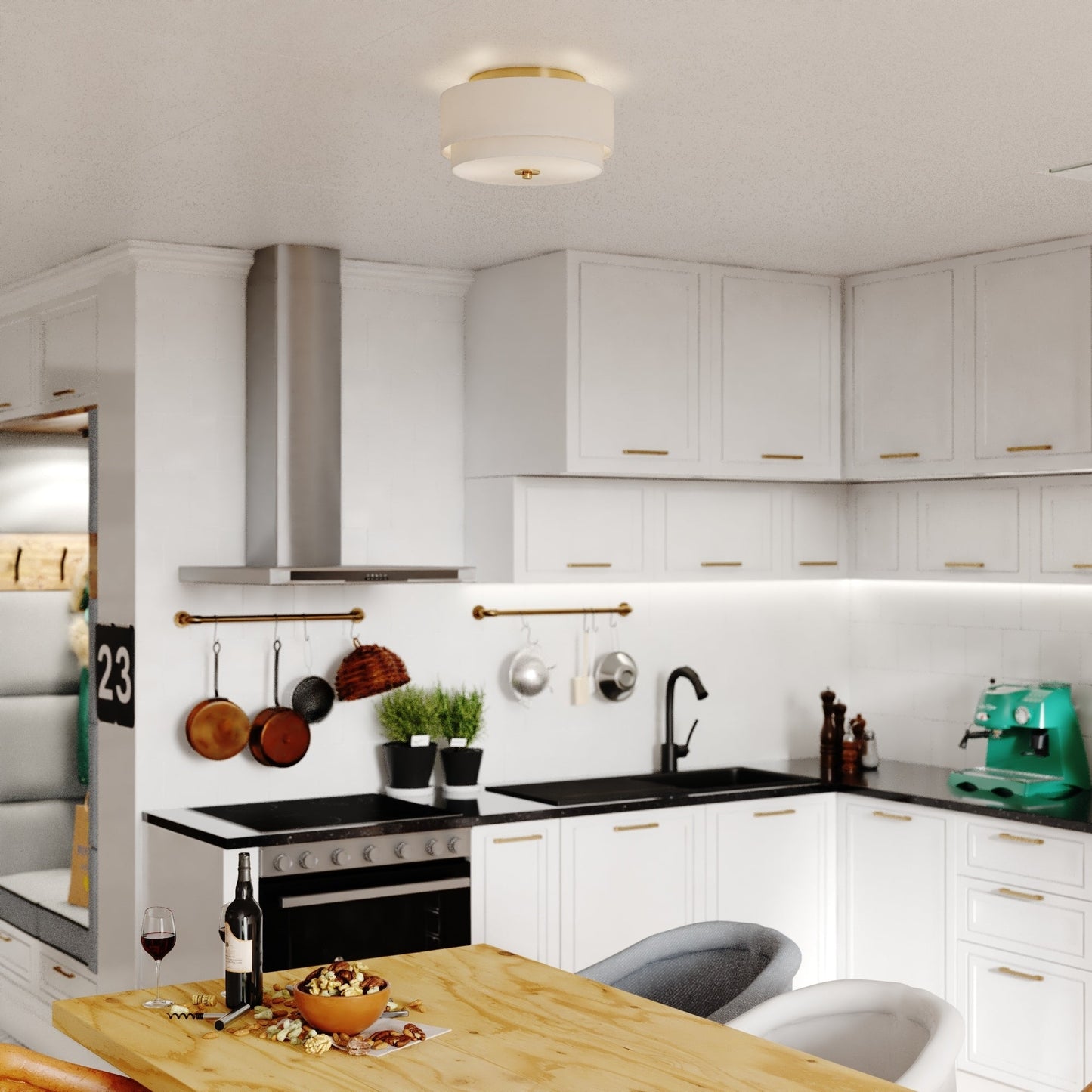 Luminaire à suspension à montage au plafond de style moderne du milieu du siècle de Burnaby avec abat-jour blanc en lin.