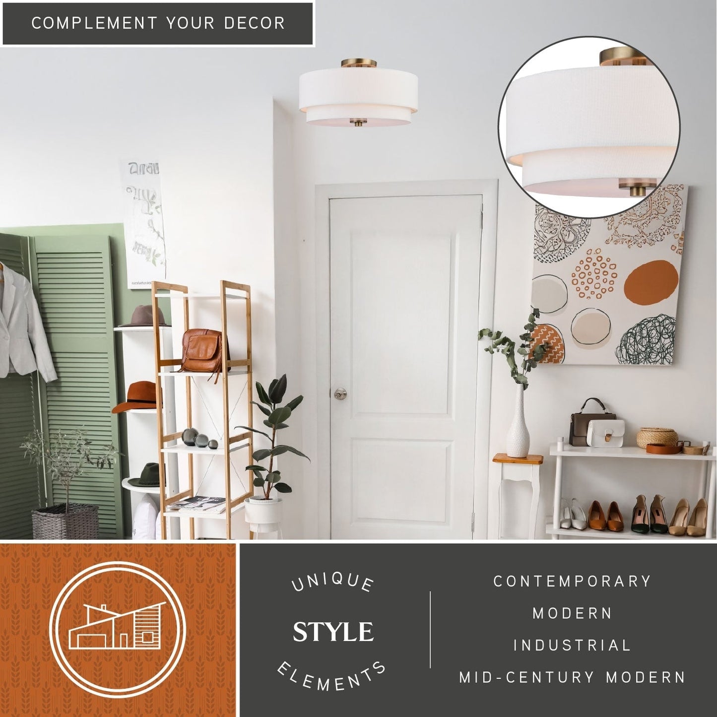 Luminaire à suspension à montage au plafond de style moderne du milieu du siècle de Burnaby avec abat-jour blanc en lin.