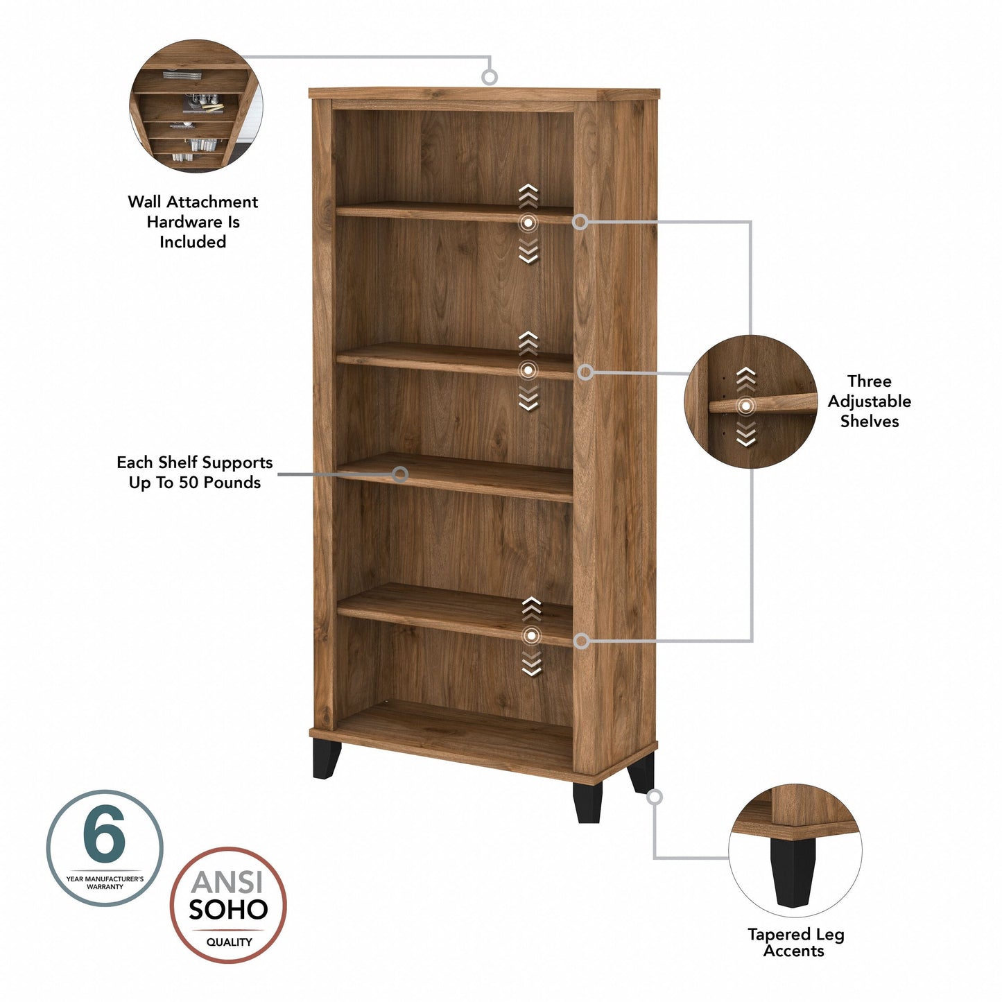 Étagère à livres Bush Furniture Somerset, 5 niveaux, avec étagères réglables