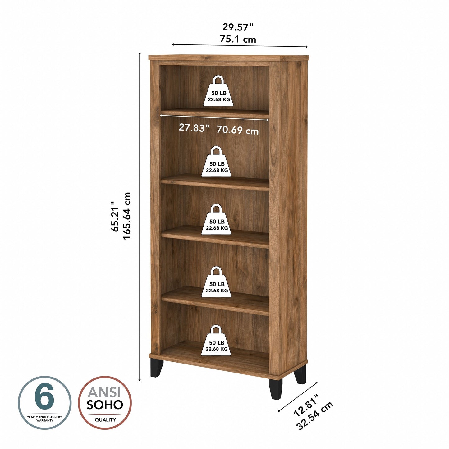 Étagère à livres Bush Furniture Somerset, 5 niveaux, avec étagères réglables