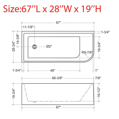 Baignoires autoportantes en acrylique CB HOME 59''/67'', baignoires à trempage à côté unique contre le mur, trop-plein gauche/droite