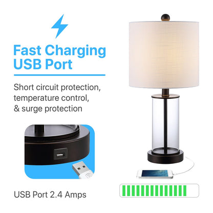 Lampe de table LED Cabell 21 en verre, moderne et contemporaine, avec port de charge USB, bronze vieilli (lot de 2) par JONATHAN Y