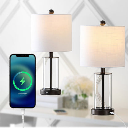Lampe de table LED Cabell 21 en verre, moderne et contemporaine, avec port de charge USB, bronze vieilli (lot de 2) par JONATHAN Y