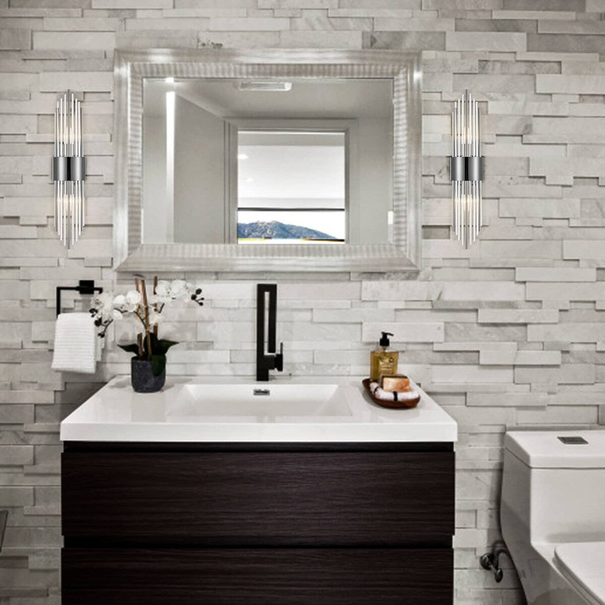 Applique murale moderne en métal Cabrera avec de magnifiques tiges en verre cristal transparent pour salle de bain, lot de 2