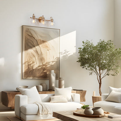 Applique murale de salle de bain à 3 lumières, style moderne, avec abat-jour en verre sphérique, couleur or.