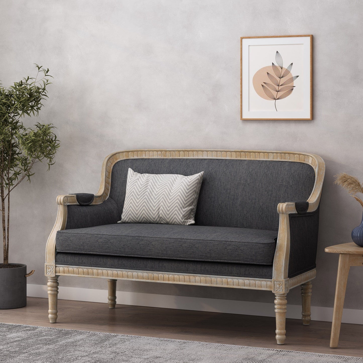 Charcoal Wood Loveseat Sofa with Rubber Wood Frame