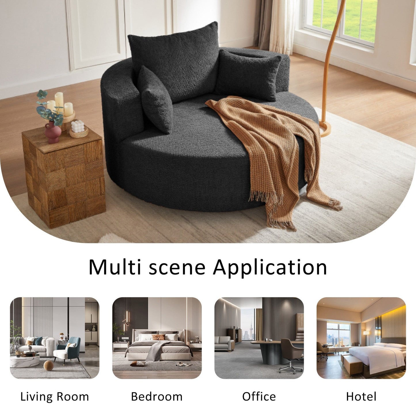 Chenille Accent Barrel Chair Lounge Chair, Round Sofa Chair Armchair with 360-Degree Swivel Base and 3 Removable Pillows