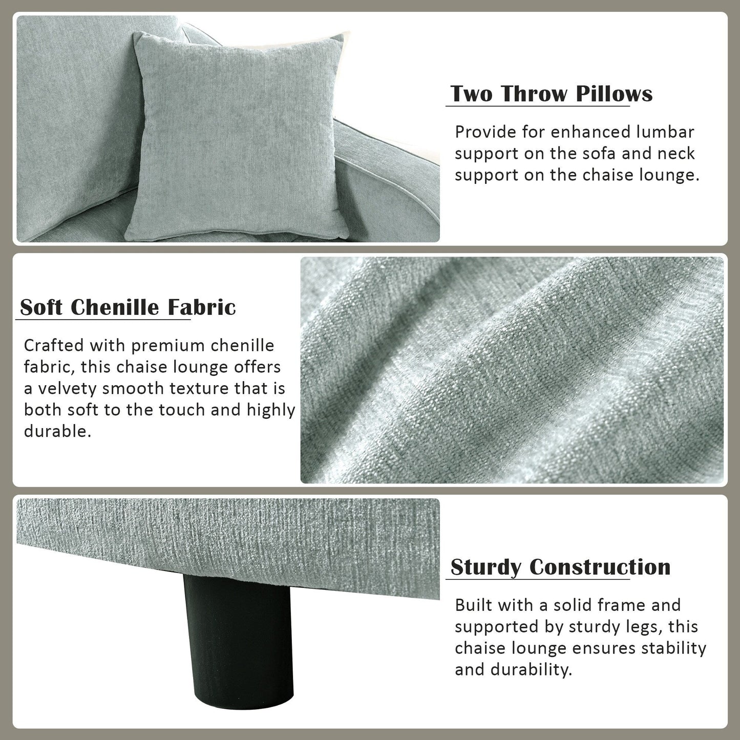 Chenille Chaise Lounge Sofa Bed, Upholstered Sofa Couch with Tufted Backrest and 2 Detachable Pillows for Living Room