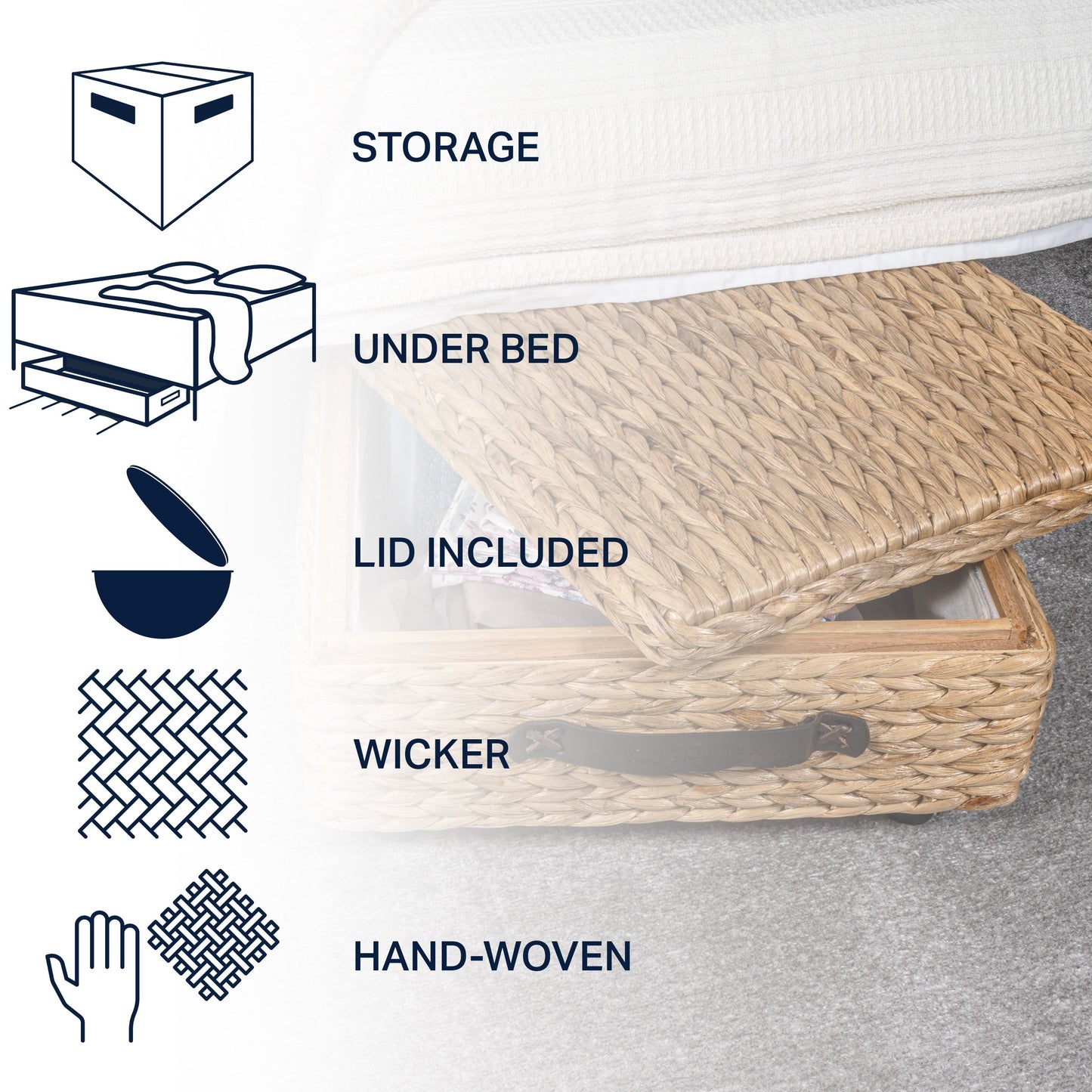 happimess Coffre de rangement sous lit en jonc et bois avec roulettes et poignées
