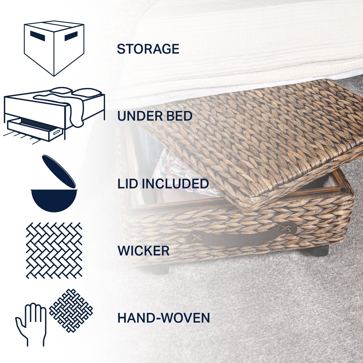 happimess Coffre de rangement sous lit en jonc et bois avec roulettes et poignées