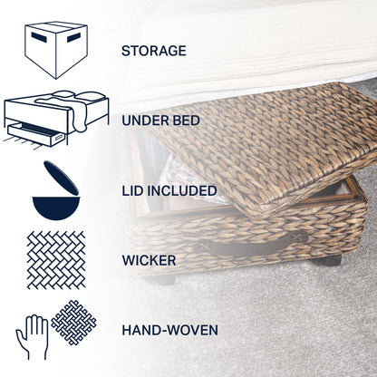 happimess Coffre de rangement sous lit en jonc et bois avec roulettes et poignées