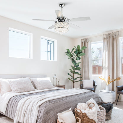 Luminaire suspendu/ventilateur de plafond à 4 lumières en chrome et cristal avec télécommande