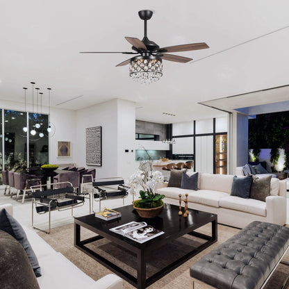 Luminaire suspendu/ventilateur de plafond à 4 lumières en chrome et cristal avec télécommande