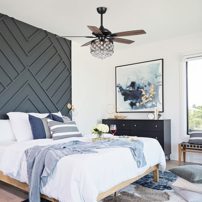 Luminaire suspendu/ventilateur de plafond à 4 lumières en chrome et cristal avec télécommande