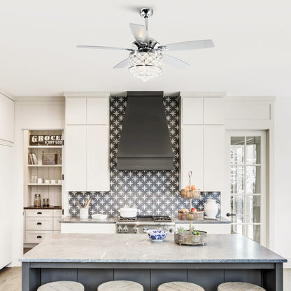 Luminaire suspendu/ventilateur de plafond à 4 lumières en chrome et cristal avec télécommande