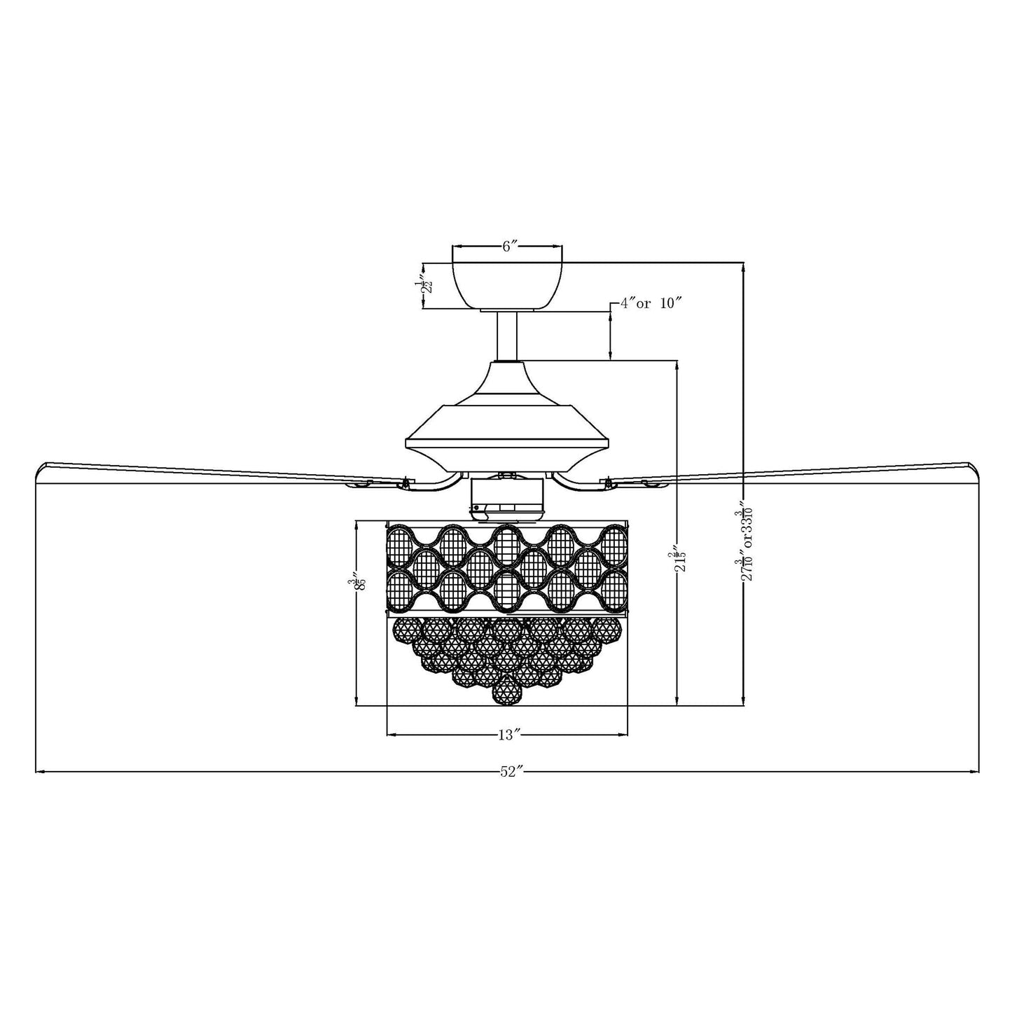 Luminaire suspendu/ventilateur de plafond à 4 lumières en chrome et cristal avec télécommande