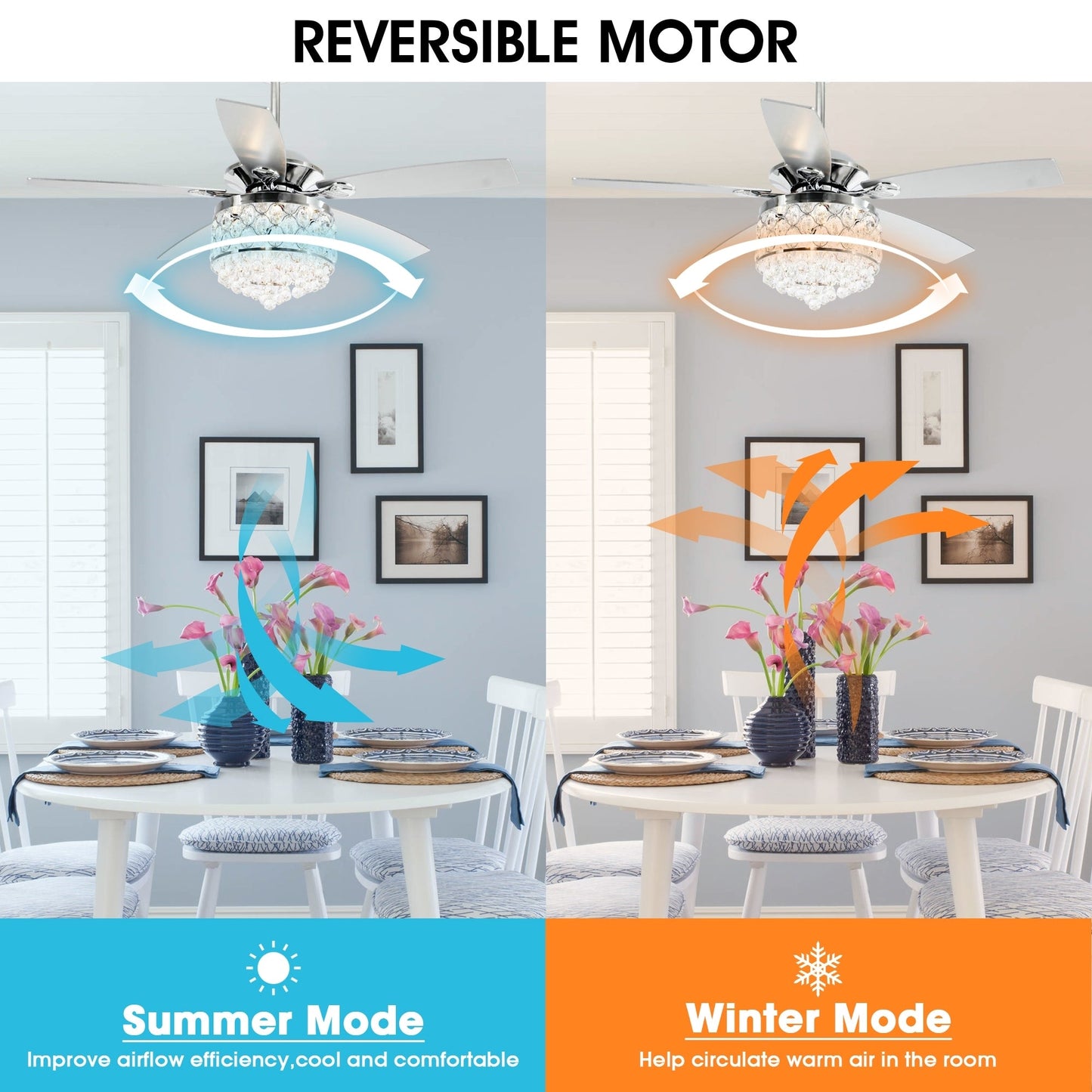 Luminaire suspendu/ventilateur de plafond à 4 lumières en chrome et cristal avec télécommande