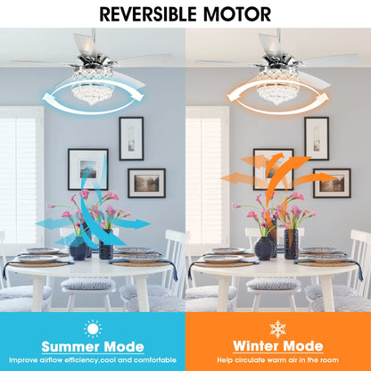 Luminaire suspendu/ventilateur de plafond à 4 lumières en chrome et cristal avec télécommande