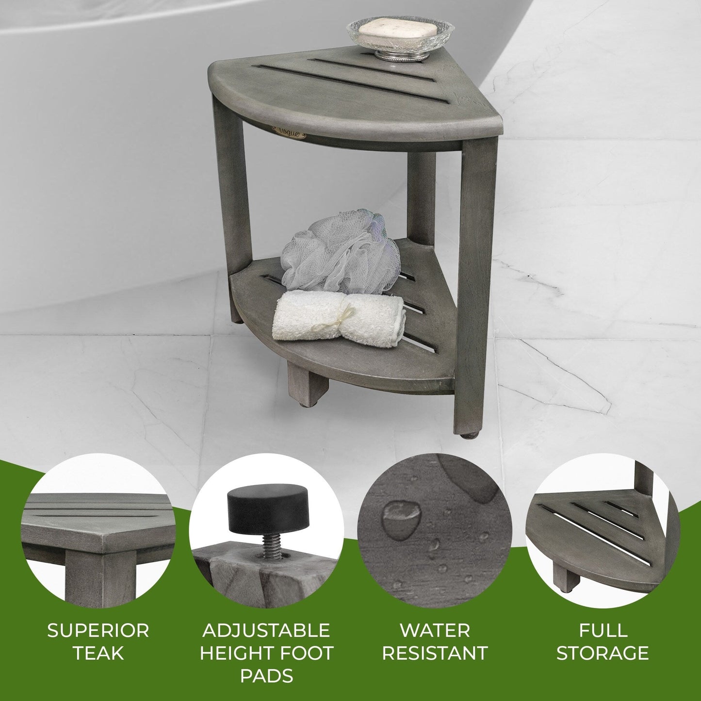 CoastalVogue, Étagère de douche d'angle en teck, Tabouret de douche pour se raser les jambes, Tabouret de douche pour les pieds, Tabouret de douche en teck, Tabouret de douche d'angle