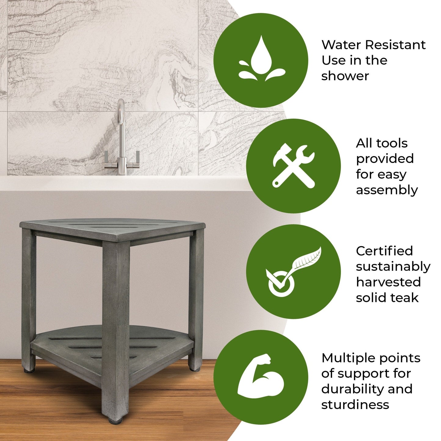 CoastalVogue, Étagère de douche d'angle en teck, Tabouret de douche pour se raser les jambes, Tabouret de douche pour les pieds, Tabouret de douche en teck, Tabouret de douche d'angle