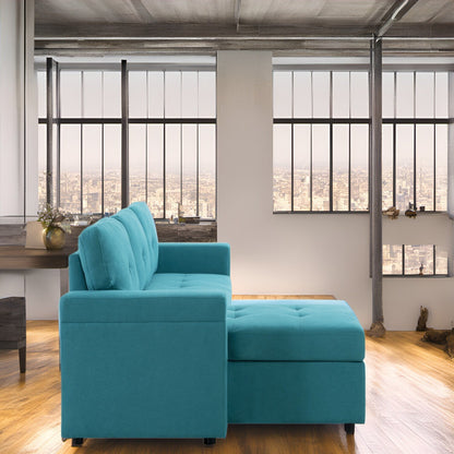 Canapé d'angle convertible et réversible avec lit escamotable, chaise longue avec rangement intégré et pieds robustes.