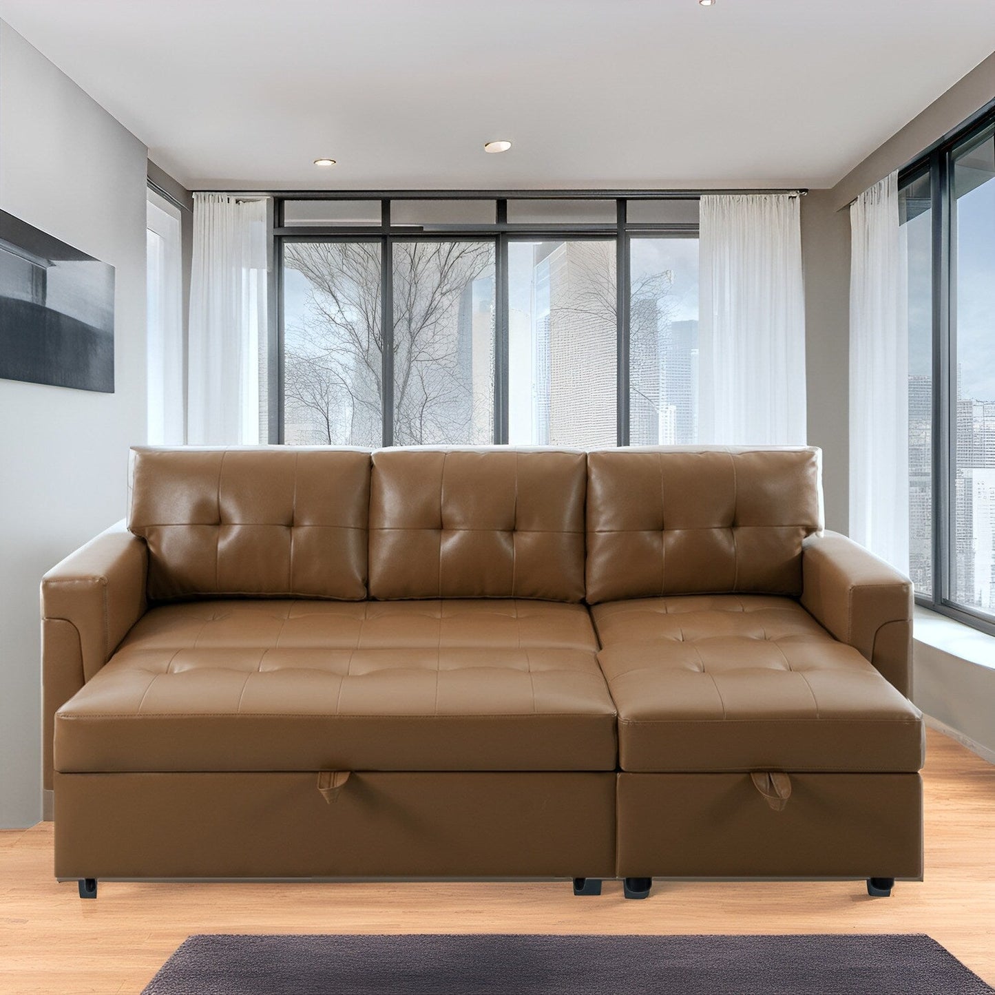 Canapé d'angle convertible et réversible avec lit escamotable, chaise longue avec rangement intégré et pieds robustes.