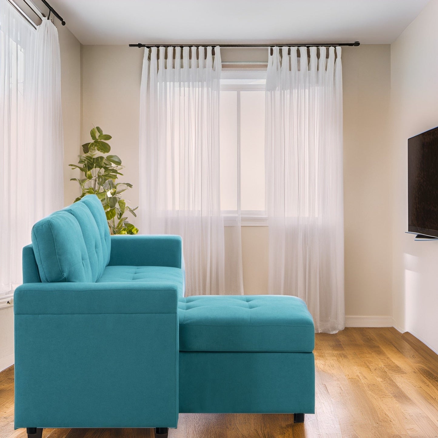 Canapé d'angle convertible et réversible avec lit escamotable, chaise longue avec rangement intégré et pieds robustes.