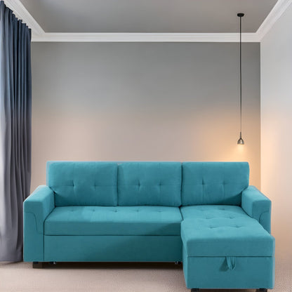 Canapé d'angle convertible et réversible avec lit escamotable, chaise longue avec rangement intégré et pieds robustes.