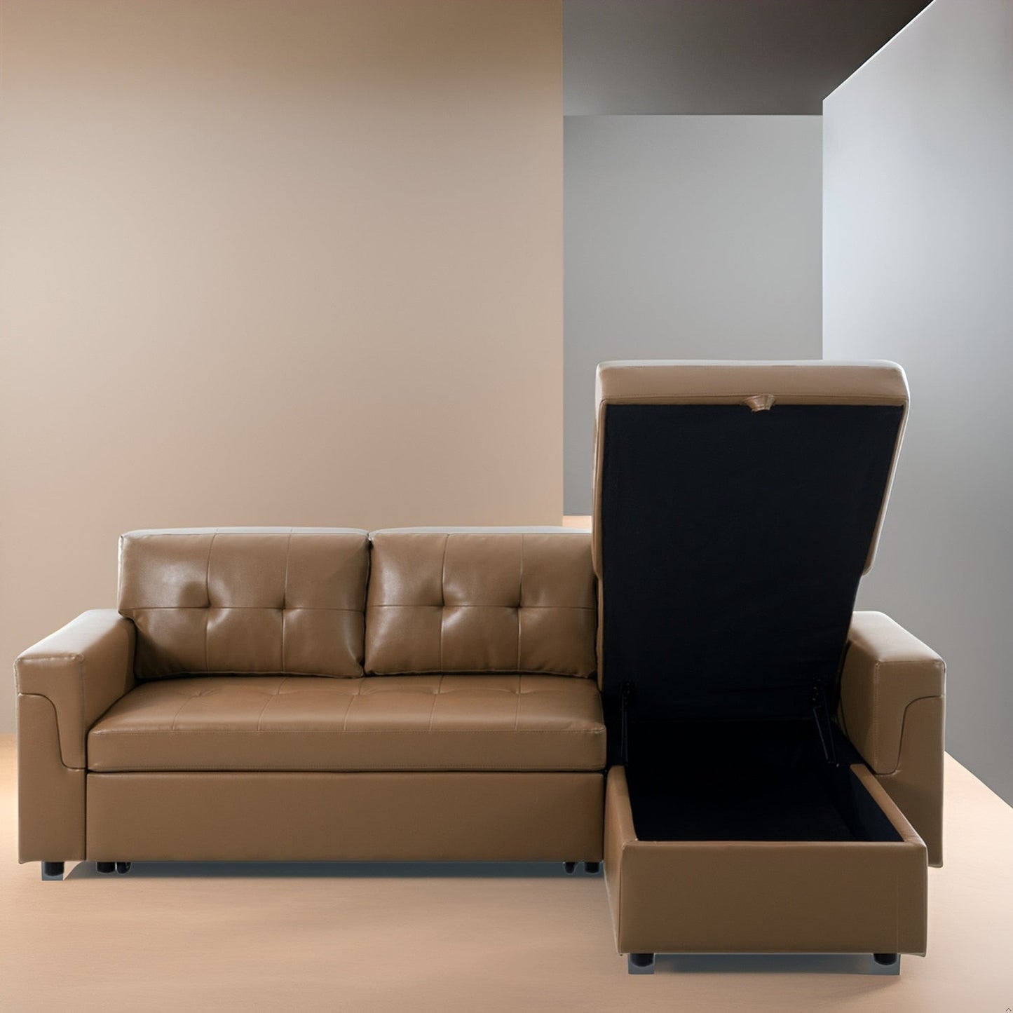 Canapé d'angle convertible et réversible avec lit escamotable, chaise longue avec rangement intégré et pieds robustes.