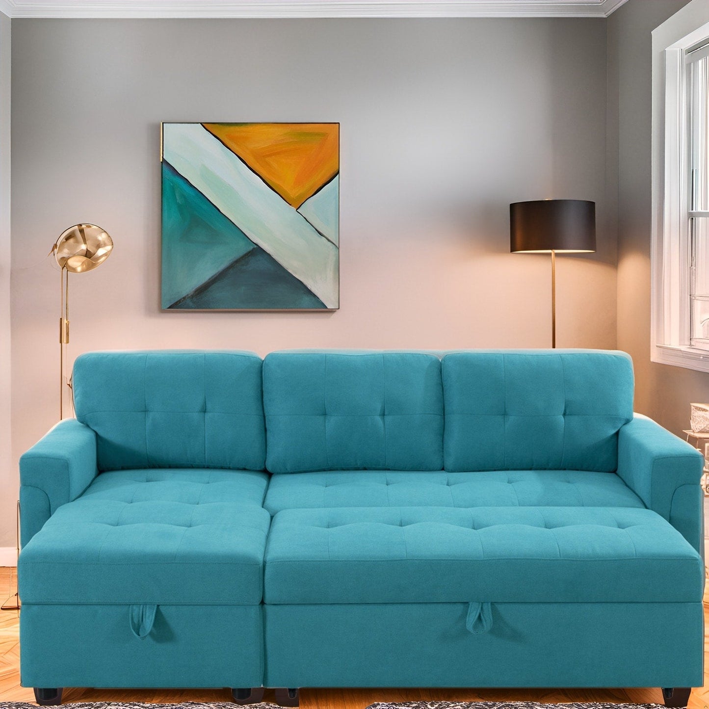 Canapé d'angle convertible et réversible avec lit escamotable, chaise longue avec rangement intégré et pieds robustes.