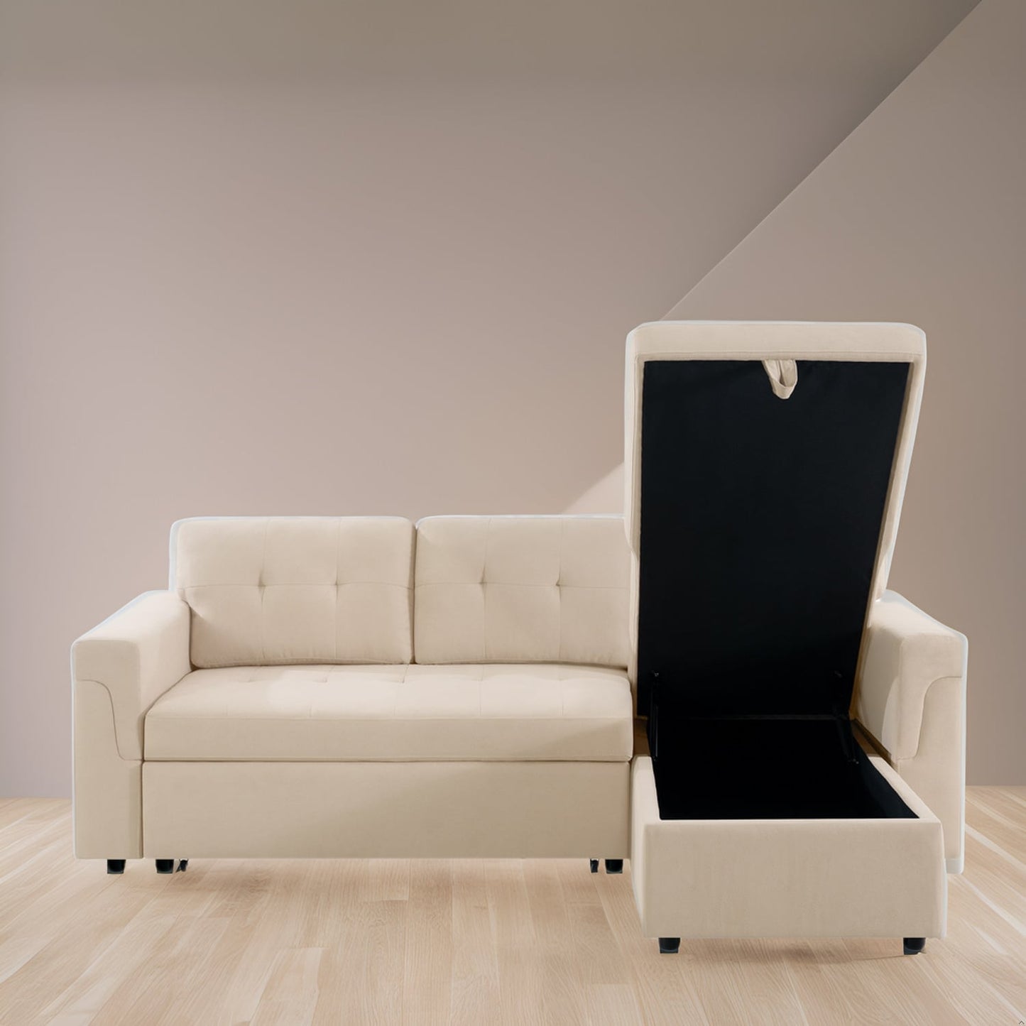 Canapé d'angle convertible et réversible avec lit escamotable, chaise longue avec rangement intégré et pieds robustes.