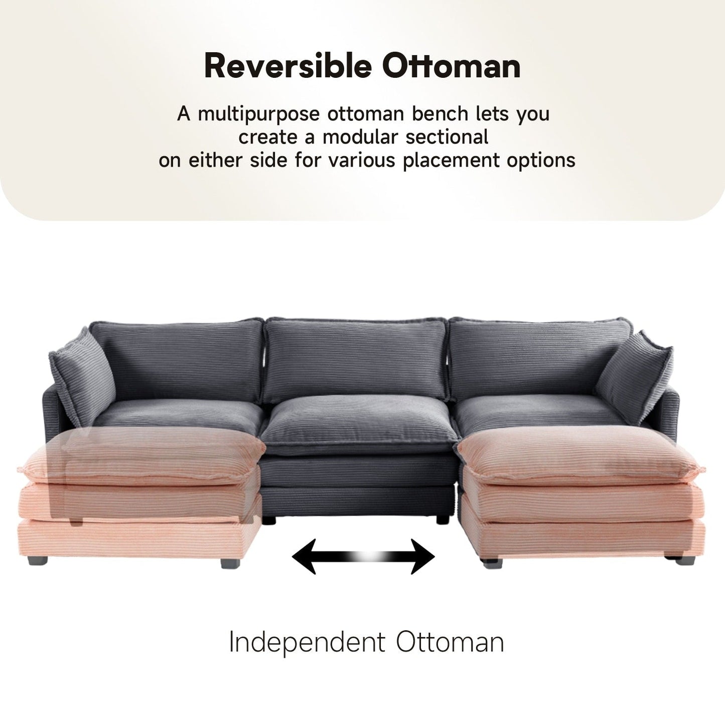 Canapé d'angle en velours côtelé avec ottomans amovibles et coussins ultra-doux pour le salon et la chambre à coucher