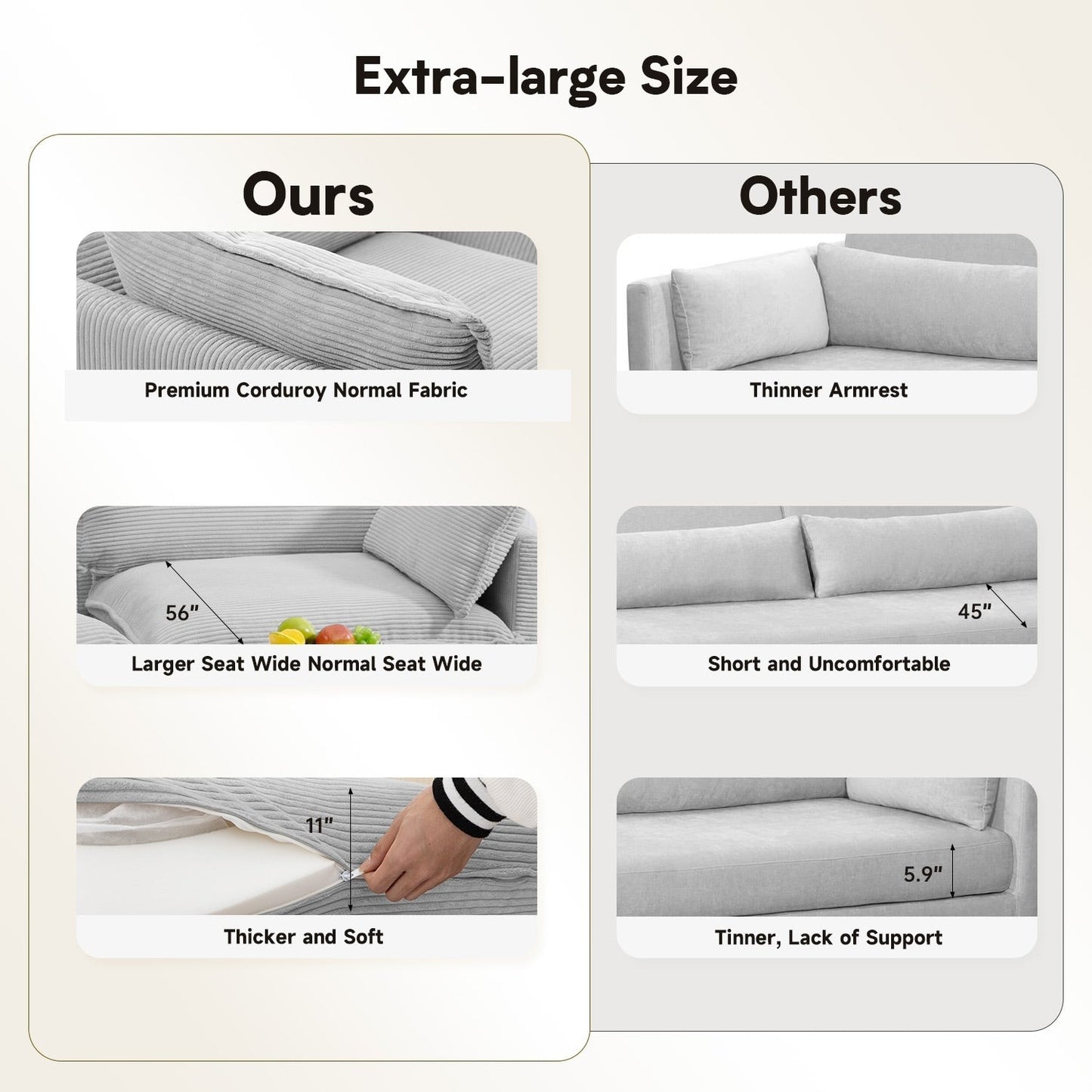 Canapé d'angle en velours côtelé avec ottomans amovibles et coussins ultra-doux pour le salon et la chambre à coucher