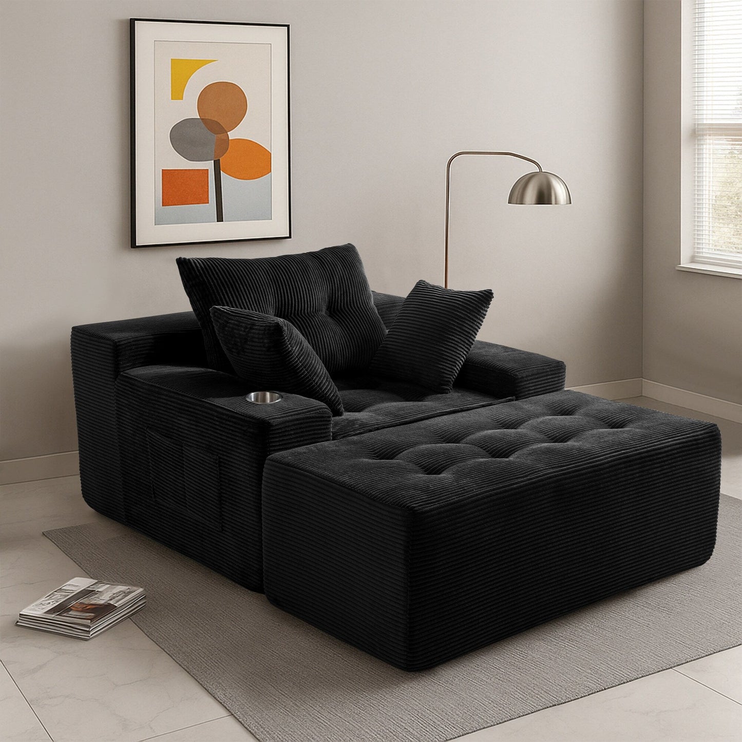 Corduroy Upholstered Memory Foam Sofa With Ottoman Upholstered Bean Bag Couch - 48.4Lx67.7Wx24.4H