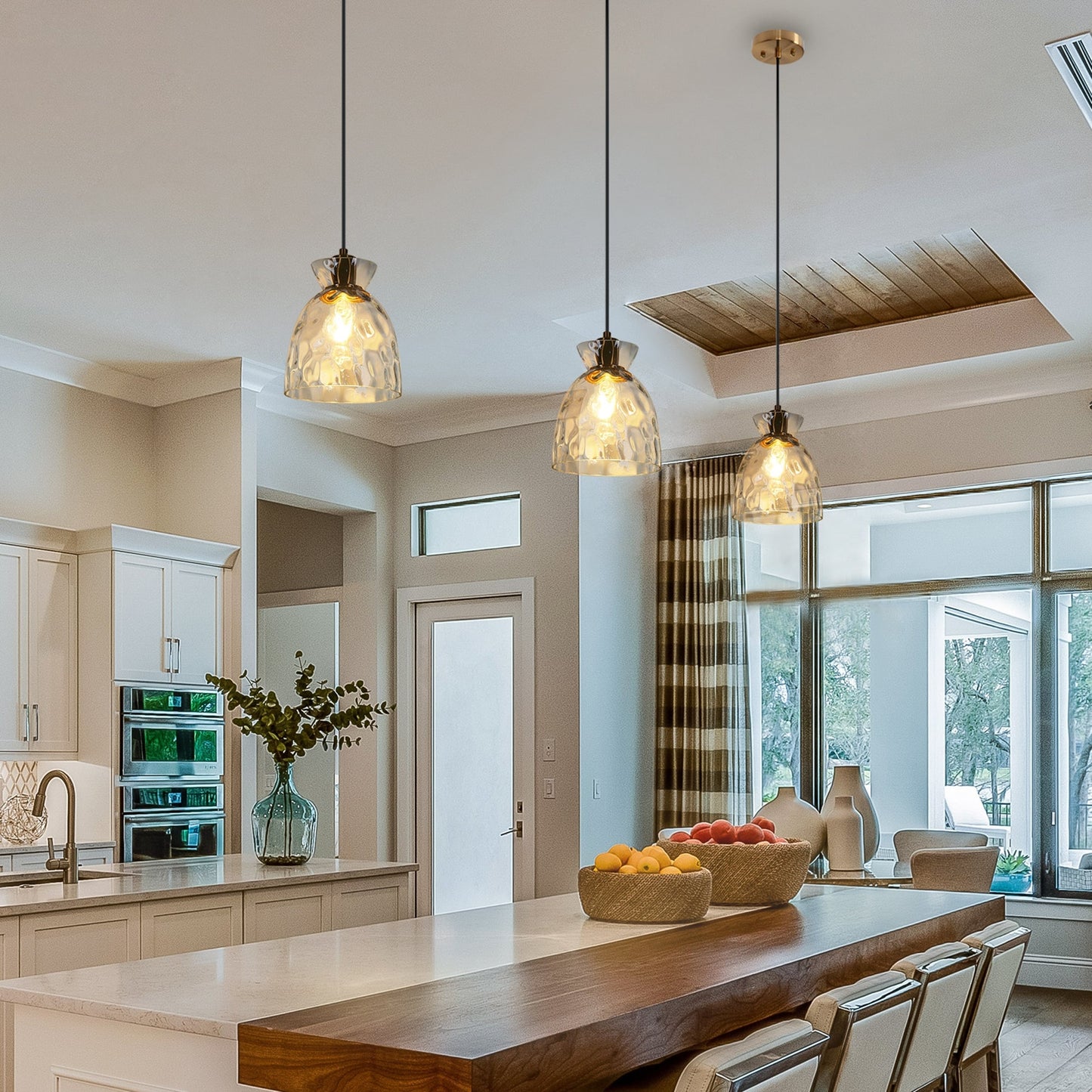 Suspension Elisie, style moderne du milieu du siècle, 1 lumière, verre en cascade, dôme martelé, éclairage pour îlot de cuisine, salle à manger