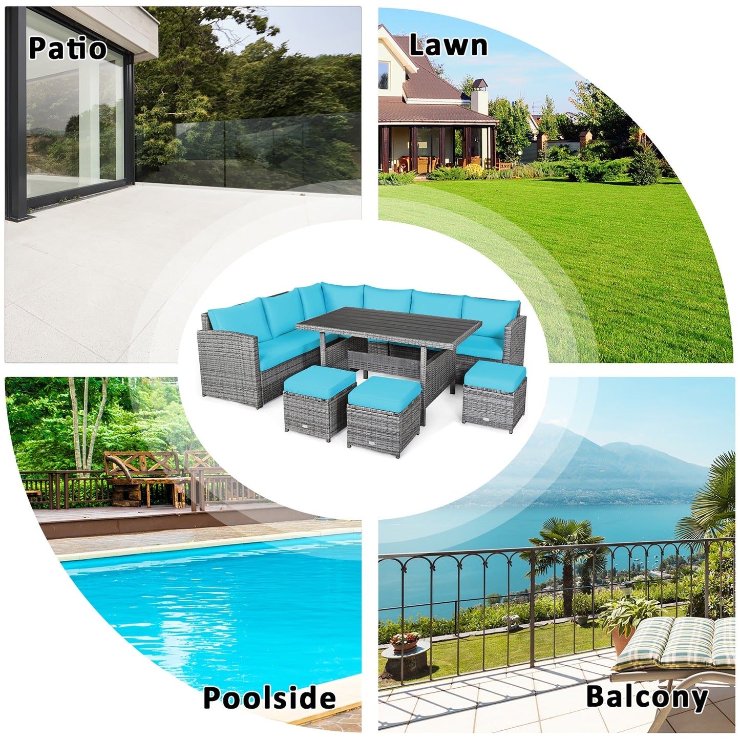 Costway 7 PCS Patio Rattan Dining Set Sectional Sofa Couch Ottoman - See Details