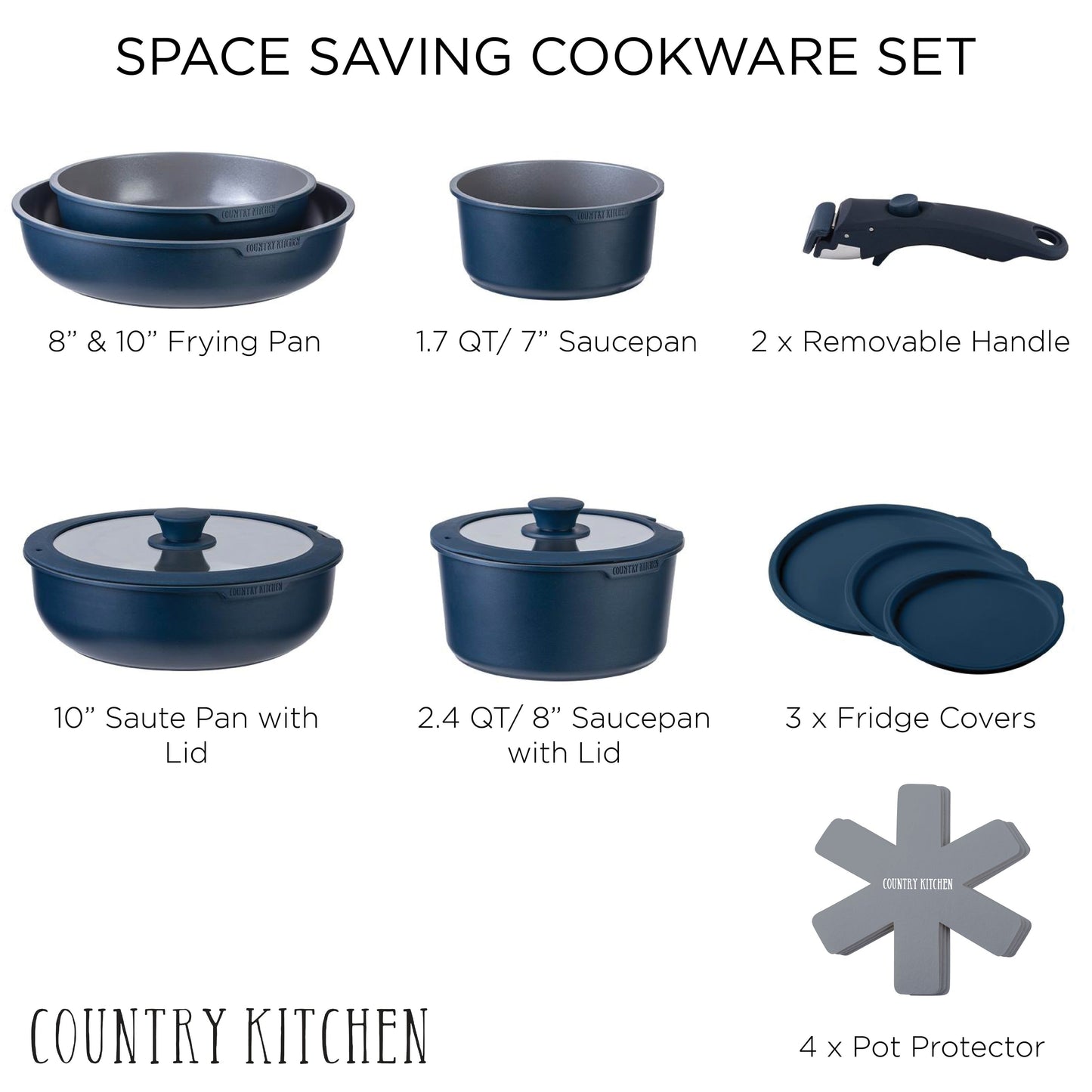 Service de cuisine Country Kitchen 16 pièces pour camping-car, céramique, avec poignées amovibles, compatible avec le four.