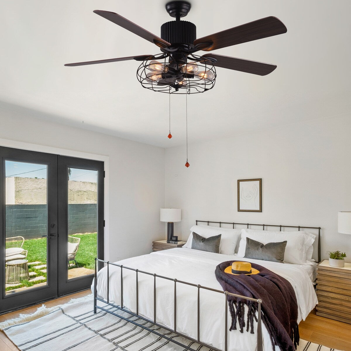 Ventilateur de plafond CurveCurio style industriel et champêtre à 5 lumières, cage noire, avec éclairage, télécommande et tirette, 42-48-52 pouces