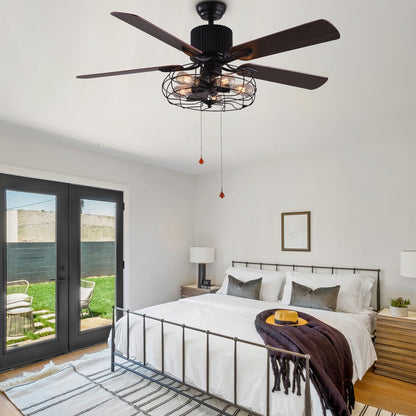 Ventilateur de plafond CurveCurio style industriel et champêtre à 5 lumières, cage noire, avec éclairage, télécommande et tirette, 42-48-52 pouces