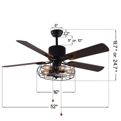 Ventilateur de plafond CurveCurio style industriel et champêtre à 5 lumières, cage noire, avec éclairage, télécommande et tirette, 42-48-52 pouces