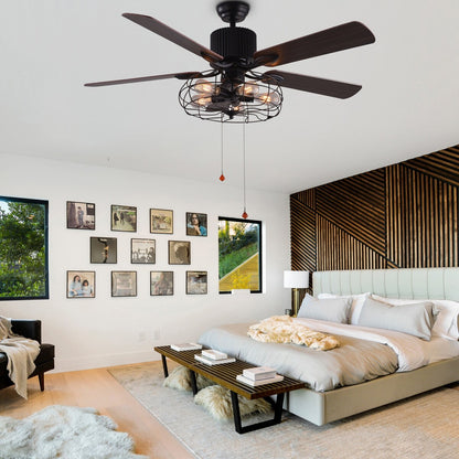Ventilateur de plafond CurveCurio style industriel et champêtre à 5 lumières, cage noire, avec éclairage, télécommande et tirette, 42-48-52 pouces