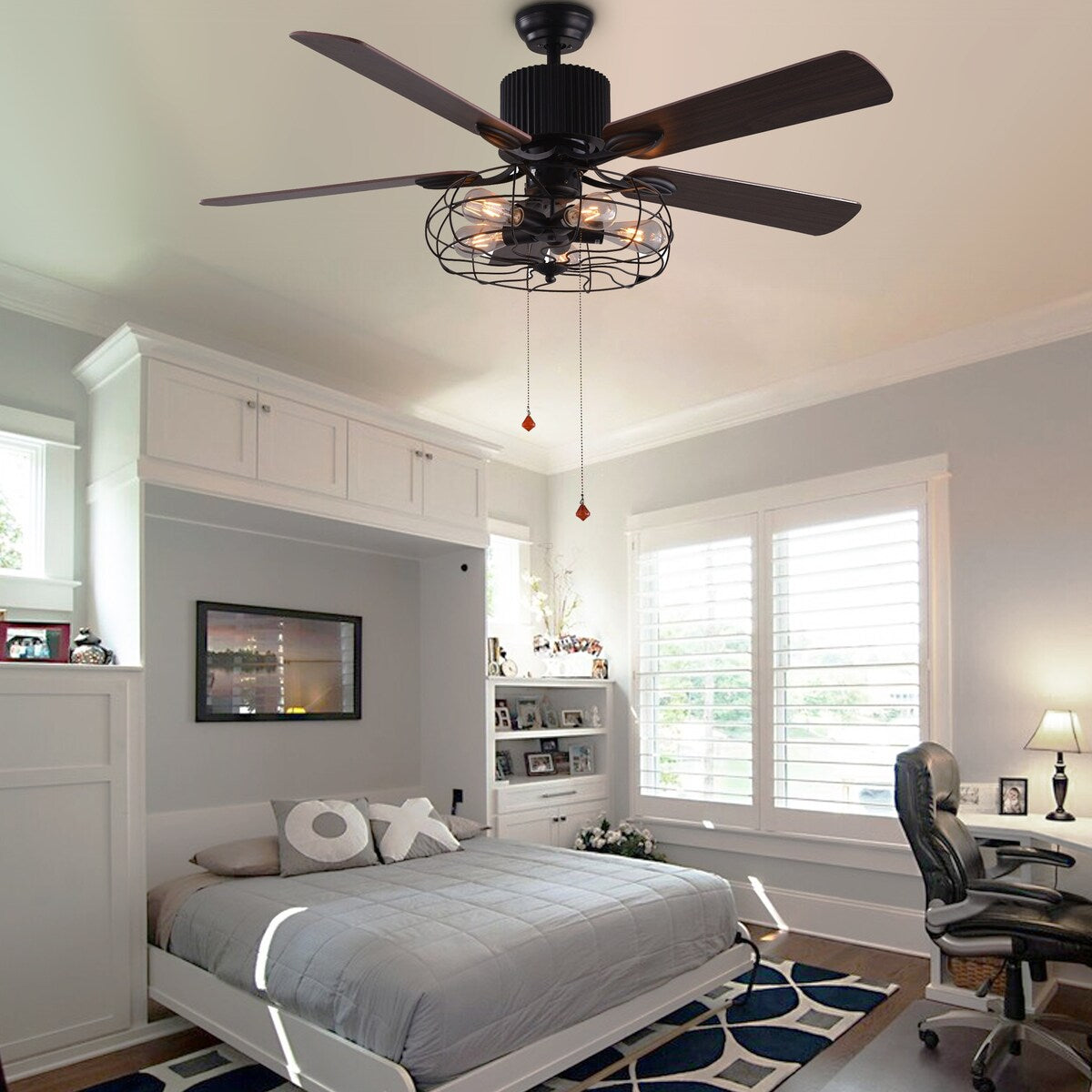 Ventilateur de plafond CurveCurio style industriel et champêtre à 5 lumières, cage noire, avec éclairage, télécommande et tirette, 42-48-52 pouces