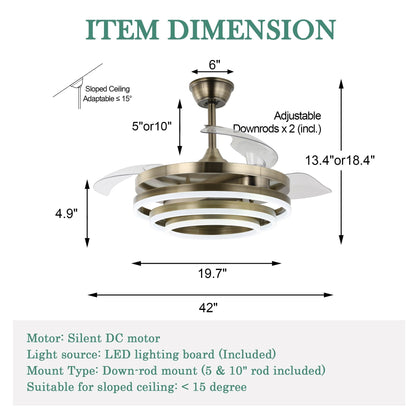 Ventilateur de plafond rétractable Cusp Barn 42 avec éclairage et télécommande, forme DIY, abat-jour moderne, moteur DC silencieux, éclairage LED.