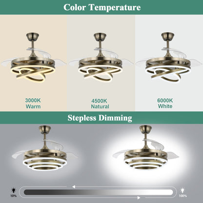 Ventilateur de plafond rétractable Cusp Barn 42 avec éclairage et télécommande, forme DIY, abat-jour moderne, moteur DC silencieux, éclairage LED.