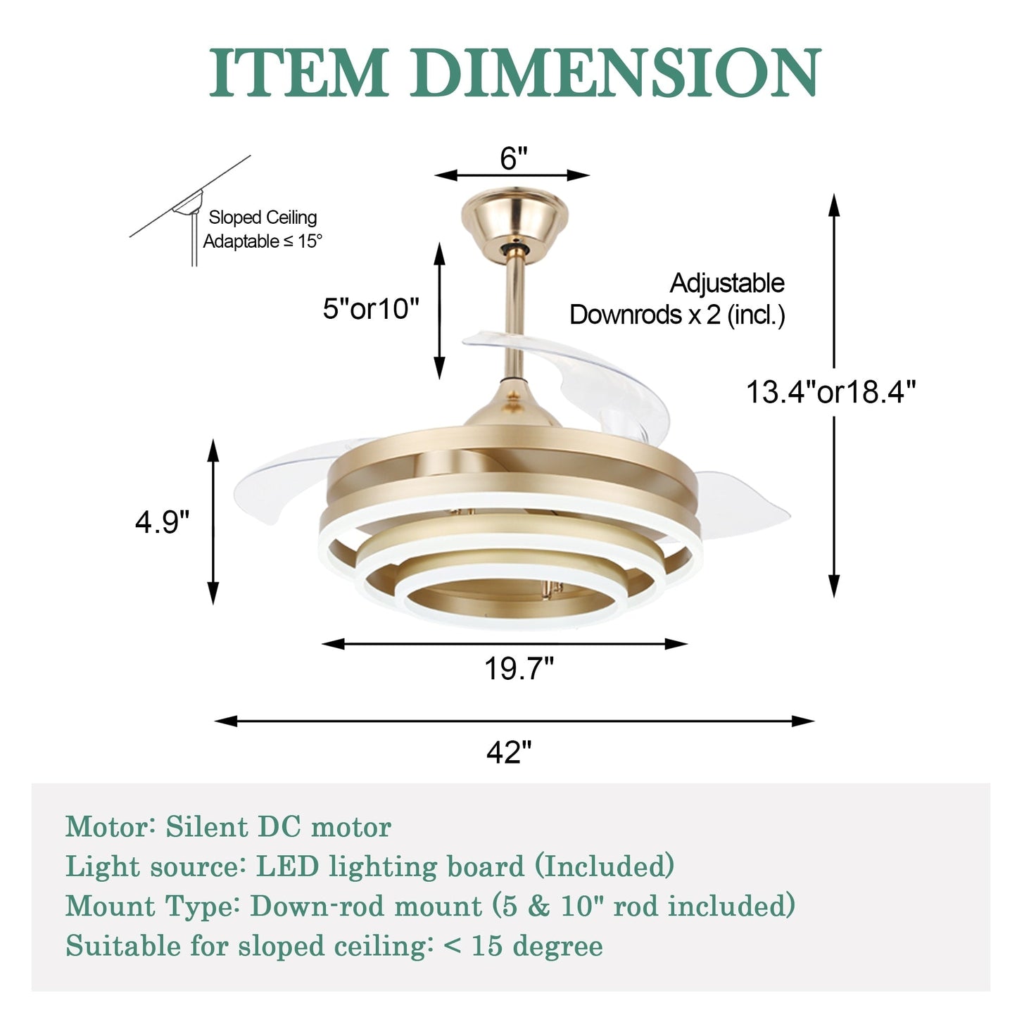Ventilateur de plafond rétractable Cusp Barn 42 avec éclairage et télécommande, forme DIY, abat-jour moderne, moteur DC silencieux, éclairage LED.