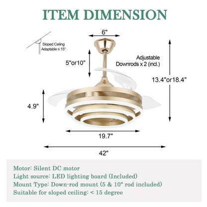 Ventilateur de plafond rétractable Cusp Barn 42 avec éclairage et télécommande, forme DIY, abat-jour moderne, moteur DC silencieux, éclairage LED.
